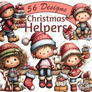 Puede incluir: Ilustración digital de personajes navideños. Los niños, vestidos con gorros de Papá Noel y atuendos festivos, sostienen regalos. El texto "56 Designs Christmas Helpers" aparece en una pancarta.