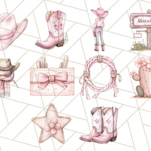 May include: A set of pink and brown western-themed illustrations, including a cowboy hat, boots, a lasso, a cactus, a motel sign, and a star.
