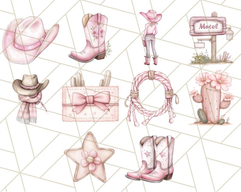 May include: A set of pink and brown western-themed illustrations, including a cowboy hat, boots, a lasso, a cactus, a motel sign, and a star.