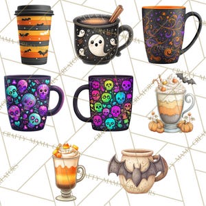 May include: Collection of Halloween-themed mugs and a to-go cup. Designs include bats, ghosts, skulls, and decorative patterns in orange, black, purple, and teal. Some mugs feature beverages with whipped cream and candy corn.