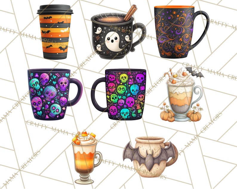 May include: Collection of Halloween-themed mugs and a to-go cup. Designs include bats, ghosts, skulls, and decorative patterns in orange, black, purple, and teal. Some mugs feature beverages with whipped cream and candy corn.
