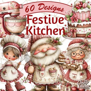 Puede incluir: Ilustración digital con temática de cocina festiva, con Papá Noel, un panadero y un pastel. La imagen incluye una batidora de pie, un pastel y una mujer sosteniendo galletas. El texto dice "60 Designs Festive Kitchen".