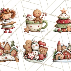 K&ouml;nnte beinhalten: Eine Sammlung von Aquarell-Illustrationen zum Thema Weihnachten. Die Bilder zeigen ein Lebkuchenm&auml;dchen mit einem Nudelholz, Lebkuchenm&auml;nnchen in einer Tasse, einen Lebkuchen-Weihnachtsbaum und verschneite Lebkuchenh&auml;user.