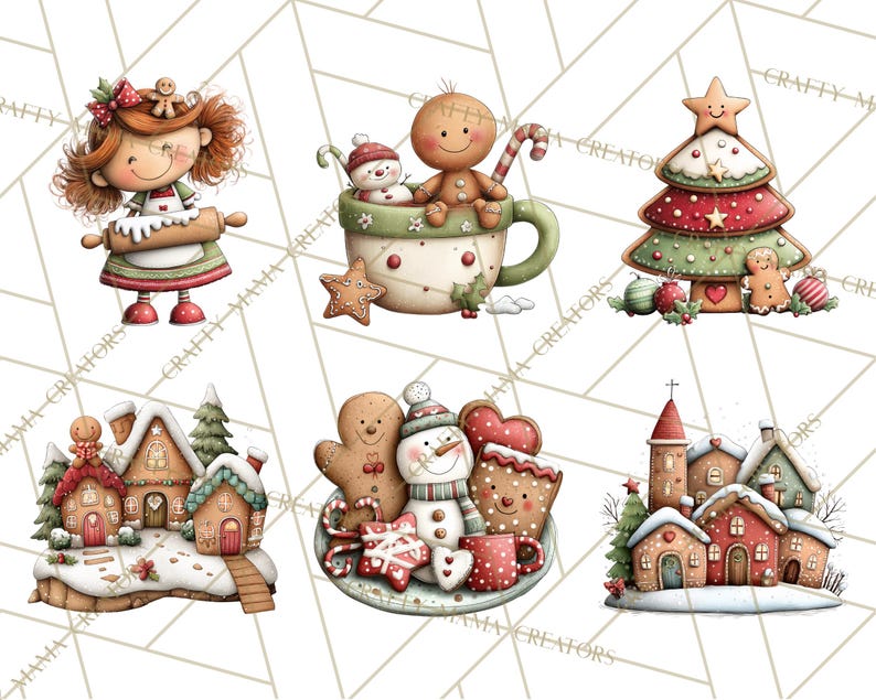 K&ouml;nnte beinhalten: Eine Sammlung von Aquarell-Illustrationen zum Thema Weihnachten. Die Bilder zeigen ein Lebkuchenm&auml;dchen mit einem Nudelholz, Lebkuchenm&auml;nnchen in einer Tasse, einen Lebkuchen-Weihnachtsbaum und verschneite Lebkuchenh&auml;user.