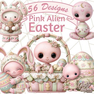 Puede incluir: Ilustración digital de personajes alienígenas rosas con ojos grandes, sosteniendo huevos de Pascua y vistiendo trajes de conejito. La imagen incluye el texto "56 Designs Pink Alien Easter."