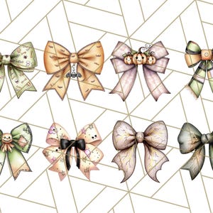 May include: A collection of eight decorative Halloween-themed bows. Each bow features unique designs, including skulls, bats, pumpkins, and patchwork patterns. The bows are in various colors, such as green, orange, pink, and black, with intricate details and textures.