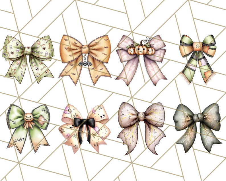 May include: A collection of eight decorative Halloween-themed bows. Each bow features unique designs, including skulls, bats, pumpkins, and patchwork patterns. The bows are in various colors, such as green, orange, pink, and black, with intricate details and textures.