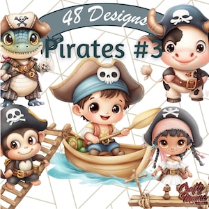 Pirate Adventure PNG Clipart, Cute Pirate Kids, Anchor, Compass, Treasure Chest, Pirate Ship, Jolly Roger Flag, Ocean Art Pirate Printable