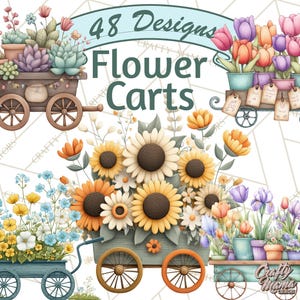 K&ouml;nnte beinhalten: Aquarellillustration von Blumenwagen mit verschiedenen Blumenarrangements. Das Bild zeigt mehrere Wagen voller Sonnenblumen, Tulpen und anderer Blumen. Der Text lautet "48 Designs Flower Carts". Das Bild hat eine weiche, pastellfarbene Farbpalette.