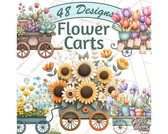 48 Png, Whimsical Flower Carts PNG, Floral Market Clipart, Spring Flower Cart Clip Art, Cute Floral Stand PNG, Flower Shop PNG Illustrations