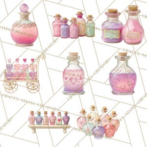 May include: A collection of decorative potion bottles in various sizes and shapes. The bottles are filled with colorful liquids and adorned with cork stoppers. Some bottles feature heart designs, while others have labels. The color palette includes pink, purple, and gold.