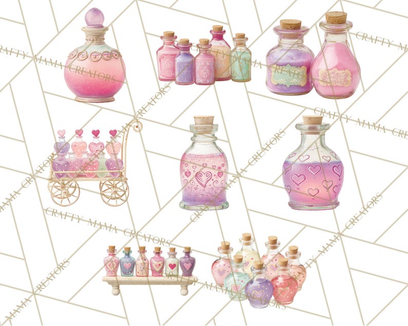 May include: A collection of decorative potion bottles in various sizes and shapes. The bottles are filled with colorful liquids and adorned with cork stoppers. Some bottles feature heart designs, while others have labels. The color palette includes pink, purple, and gold.