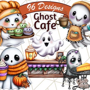 May include: A digital illustration featuring several cartoon ghosts in a cafe setting. The ghosts are depicted with various accessories, including aprons, scarves, and hats. The image includes the text "96 Designs Ghost Cafe."