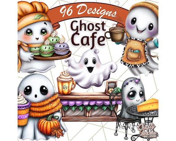 96 Png, Ghost Café PNG Clipart, Cute Ghost Baristas, Halloween Drinks, Spooky Café Clip Art, Haunted Pastries, Fall Coffee Clipart
