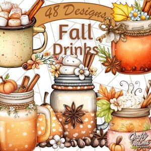 May include: A watercolour illustration showcasing autumnal drinks in jars and mugs. The image includes hot chocolate with marshmallows, pumpkin spice lattes, and other seasonal beverages, with the text "48 Designs Fall Drinks".