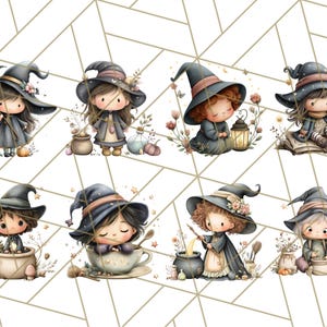 May include: A collection of eight watercolor illustrations of cute witch characters. Each witch is depicted in a different pose, wearing a black witch hat and dress, with various accessories like an umbrella, cauldron, and lantern. The background has a geometric pattern.