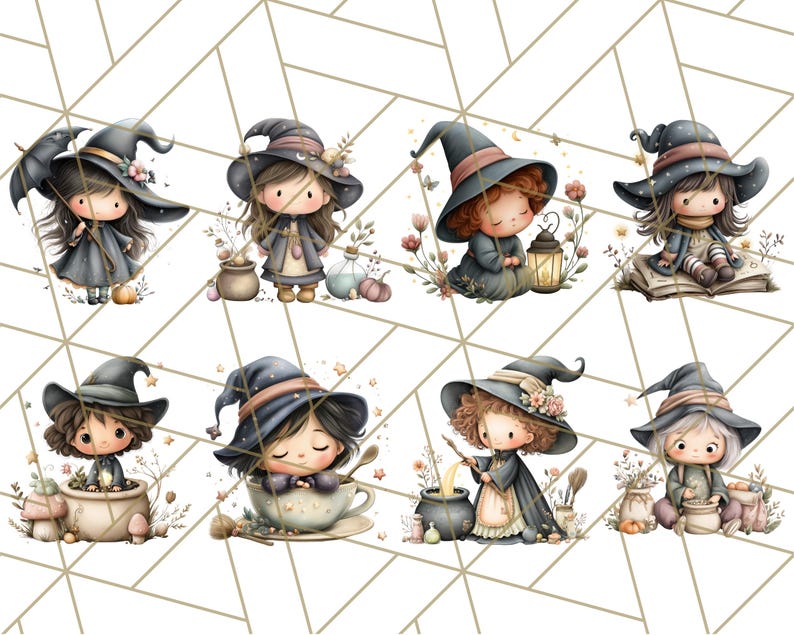 May include: A collection of eight watercolor illustrations of cute witch characters. Each witch is depicted in a different pose, wearing a black witch hat and dress, with various accessories like an umbrella, cauldron, and lantern. The background has a geometric pattern.