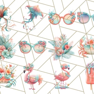 May include: A set of 10 digital illustrations featuring summer-themed designs. The illustrations include a pink flamingo, a crab wearing sunglasses, a popsicle, sunglasses with flowers, a kite, and a floral bouquet.