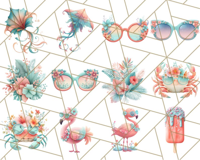 May include: A set of 10 digital illustrations featuring summer-themed designs. The illustrations include a pink flamingo, a crab wearing sunglasses, a popsicle, sunglasses with flowers, a kite, and a floral bouquet.
