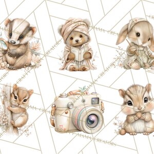 Puede incluir: Ilustraciones en acuarela de animales del bosque: un tej&oacute;n con lupa, un oso leyendo, un conejo tejiendo, una ardilla, una c&aacute;mara y otra ardilla con una nuez. Tonos neutros suaves y detalles florales.