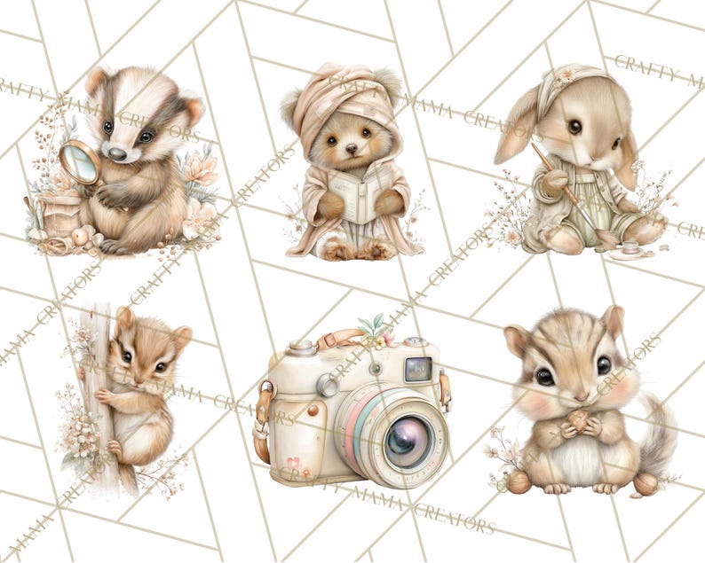 Puede incluir: Ilustraciones en acuarela de animales del bosque: un tej&oacute;n con lupa, un oso leyendo, un conejo tejiendo, una ardilla, una c&aacute;mara y otra ardilla con una nuez. Tonos neutros suaves y detalles florales.