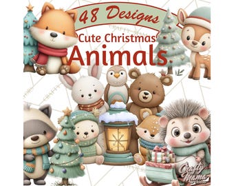 48 Png, Christmas Animals Clipart, Cute Cartoon Holiday PNG, Festive Cozy Winter Clip Art, Woodland & Domestic Animals, Watercolor