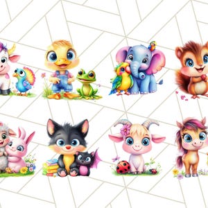May include: A set of eight adorable cartoon animal illustrations featuring a cow, duck, frog, elephant, squirrel, lamb, cat, goat, and horse. Each animal is depicted with a friendly expression and is surrounded by colorful flowers and other details.