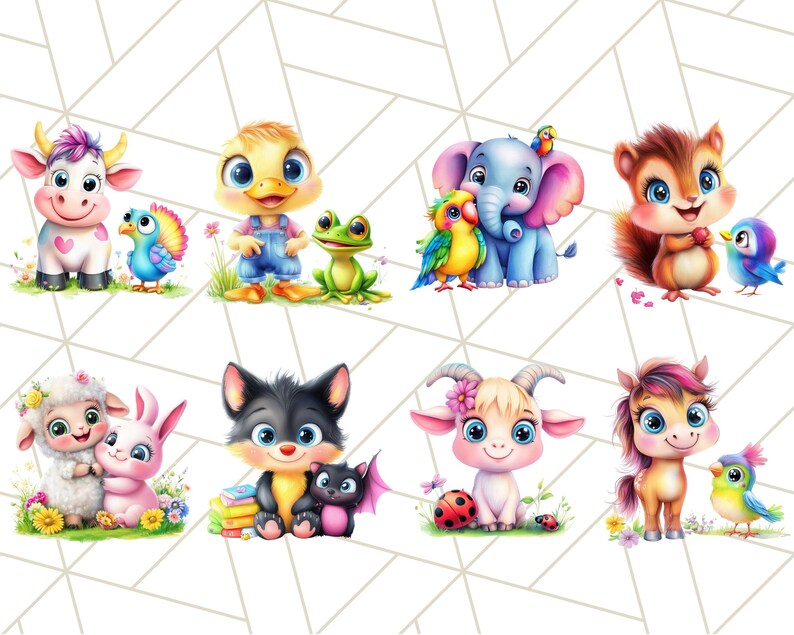 May include: A set of eight adorable cartoon animal illustrations featuring a cow, duck, frog, elephant, squirrel, lamb, cat, goat, and horse. Each animal is depicted with a friendly expression and is surrounded by colorful flowers and other details.