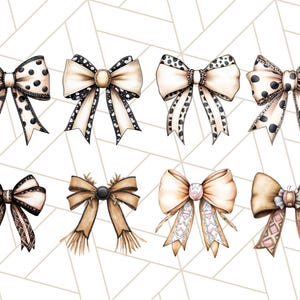 May include: Ten different styles of bows with various patterns and colors. The bows are made of fabric and have a satin finish. The bows are all tied in a similar style, with the ends of the ribbon forming a loop.