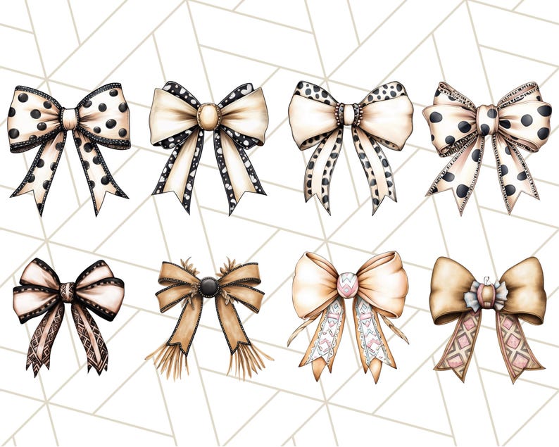 May include: Ten different styles of bows with various patterns and colors. The bows are made of fabric and have a satin finish. The bows are all tied in a similar style, with the ends of the ribbon forming a loop.