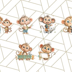May include: A collection of whimsical illustrations featuring adorable cartoon monkeys in various poses. One monkey holds an ice cream cone, another rides an elephant, and others interact with a child and a panda. The background has a geometric pattern.