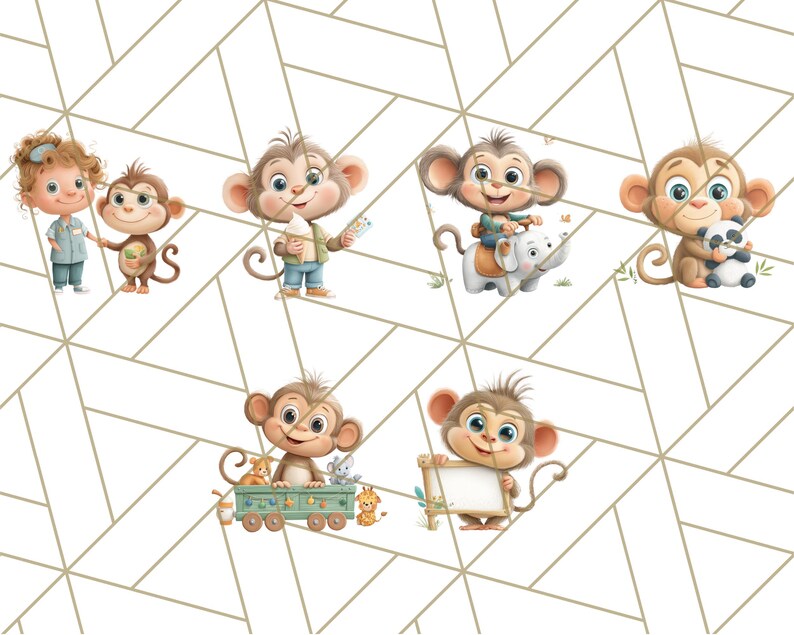 May include: A collection of whimsical illustrations featuring adorable cartoon monkeys in various poses. One monkey holds an ice cream cone, another rides an elephant, and others interact with a child and a panda. The background has a geometric pattern.