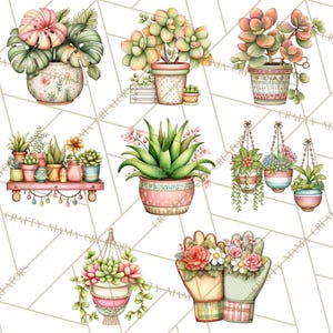 May include: Watercolor illustrations of various potted succulents and plants. The image features a variety of colorful pots, including hanging planters and a shelf display. The plants include aloe vera, monstera, and other decorative succulents.