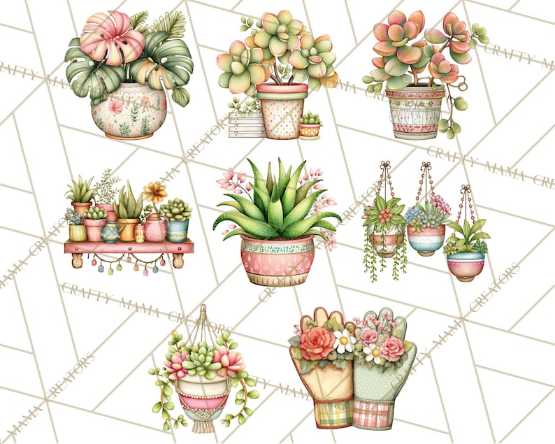 May include: Watercolor illustrations of various potted succulents and plants. The image features a variety of colorful pots, including hanging planters and a shelf display. The plants include aloe vera, monstera, and other decorative succulents.