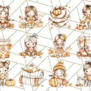 Pode incluir: Um pacote de papel digital com ilustra&ccedil;&otilde;es de meninas fofas com roupas de outono. As meninas est&atilde;o segurando x&iacute;caras de caf&eacute;, ab&oacute;boras e cobertores. Tamb&eacute;m h&aacute; ilustra&ccedil;&otilde;es de folhas de outono, botas e x&iacute;caras de caf&eacute;.