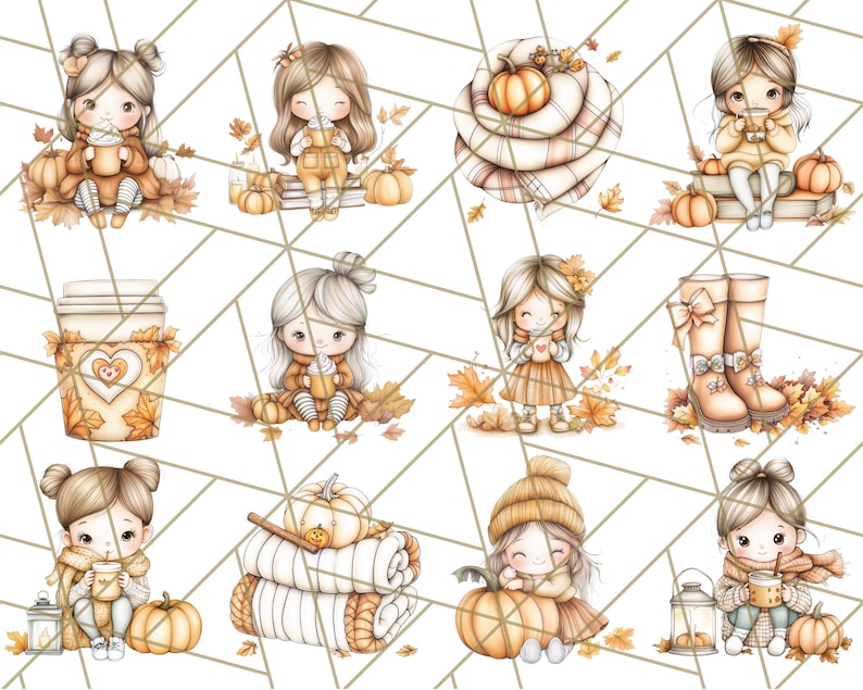 Pode incluir: Um pacote de papel digital com ilustra&ccedil;&otilde;es de meninas fofas com roupas de outono. As meninas est&atilde;o segurando x&iacute;caras de caf&eacute;, ab&oacute;boras e cobertores. Tamb&eacute;m h&aacute; ilustra&ccedil;&otilde;es de folhas de outono, botas e x&iacute;caras de caf&eacute;.