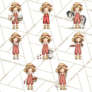 May include: Watercolor illustrations of a girl in red gingham overalls and a straw hat. The girl is depicted with various farm-related items, including a pony, sheep, basket of strawberries, and a goose. The background has a geometric pattern.