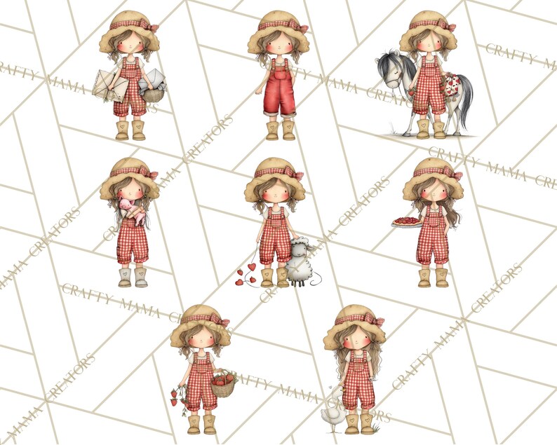 May include: Watercolor illustrations of a girl in red gingham overalls and a straw hat. The girl is depicted with various farm-related items, including a pony, sheep, basket of strawberries, and a goose. The background has a geometric pattern.
