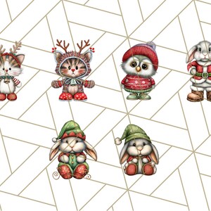 May include: A collection of whimsical Christmas-themed illustrations featuring various animals. The image includes a cat, an owl, and rabbits, all dressed in festive attire such as Santa suits and reindeer antlers. The characters are set against a white background with a geometric pattern.