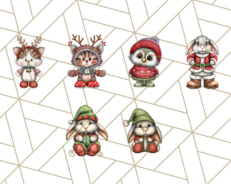 May include: A collection of whimsical Christmas-themed illustrations featuring various animals. The image includes a cat, an owl, and rabbits, all dressed in festive attire such as Santa suits and reindeer antlers. The characters are set against a white background with a geometric pattern.