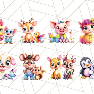 May include: A set of eight colorful cartoon animal illustrations featuring a chick, mouse, deer, pig, llama, dog, squirrel, and penguin. Each animal is depicted with a friendly expression and is surrounded by butterflies and flowers.