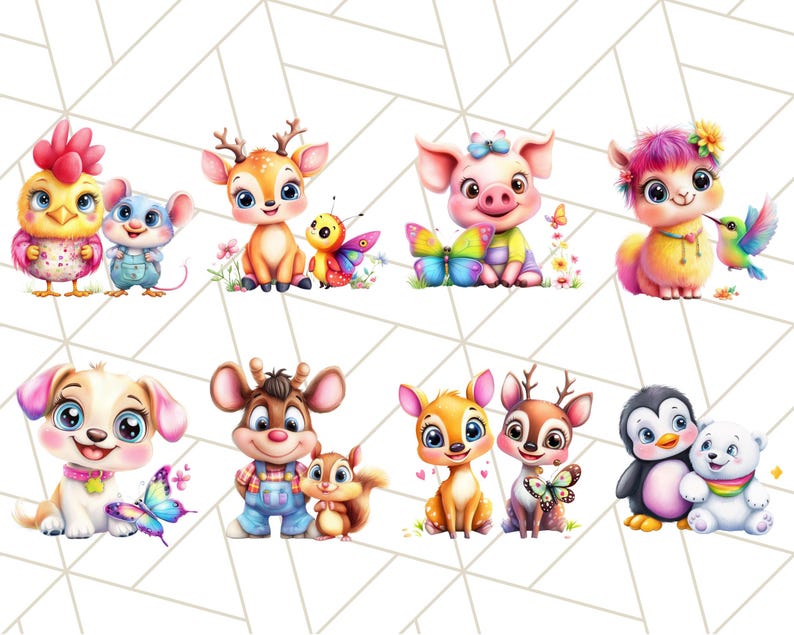 May include: A set of eight colorful cartoon animal illustrations featuring a chick, mouse, deer, pig, llama, dog, squirrel, and penguin. Each animal is depicted with a friendly expression and is surrounded by butterflies and flowers.