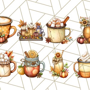 May include: A collection of watercolor illustrations featuring autumn-themed beverages and decorative elements. The images include mugs and jars filled with hot drinks, pumpkins, leaves, and spices, evoking a cozy fall atmosphere.