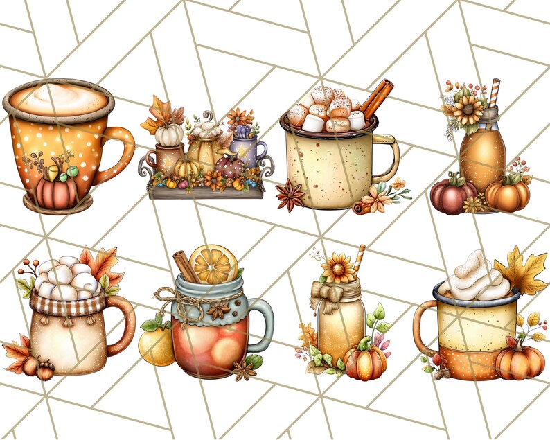 May include: A collection of watercolor illustrations featuring autumn-themed beverages and decorative elements. The images include mugs and jars filled with hot drinks, pumpkins, leaves, and spices, evoking a cozy fall atmosphere.