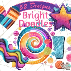 May include: A collection of colorful digital art elements, including a star, heart, and swirl, with the text "52 Designs Bright Doodles." The artwork features a variety of bright colors and textures, perfect for digital design projects.