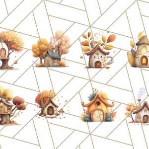 May include: Watercolour illustrations of whimsical autumn houses and treehouses in shades of orange, yellow, and brown. The houses have unique designs, some with smiling faces, and are surrounded by fall foliage. The background is a white geometric pattern.