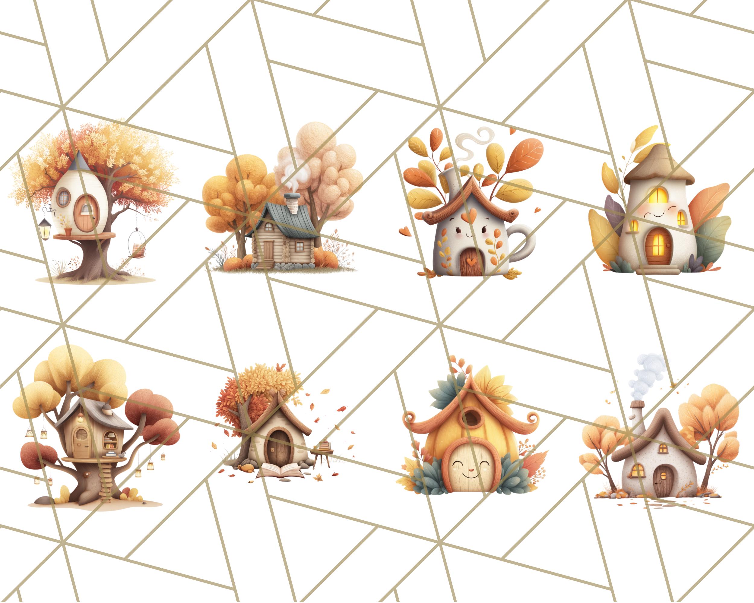 May include: Watercolour illustrations of whimsical autumn houses and treehouses in shades of orange, yellow, and brown. The houses have unique designs, some with smiling faces, and are surrounded by fall foliage. The background is a white geometric pattern.