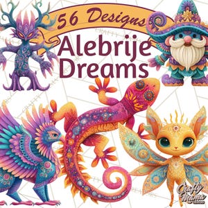 May include: A digital art image featuring colorful, whimsical creatures and the text "56 Designs Alebrije Dreams." The creatures include a lizard, a gnome, a winged bird, a fairy, and a tree-like figure, all with intricate patterns and vibrant colors.