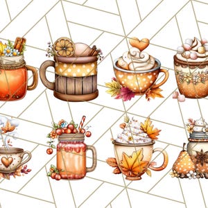 May include: A collection of eight digital illustrations of fall-themed beverages. The images include mugs and mason jars filled with hot drinks, decorated with fall leaves, cinnamon sticks, whipped cream, and fruit. The color palette is warm, featuring oranges, browns, and creams.