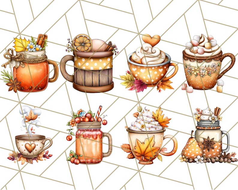 May include: A collection of eight digital illustrations of fall-themed beverages. The images include mugs and mason jars filled with hot drinks, decorated with fall leaves, cinnamon sticks, whipped cream, and fruit. The color palette is warm, featuring oranges, browns, and creams.